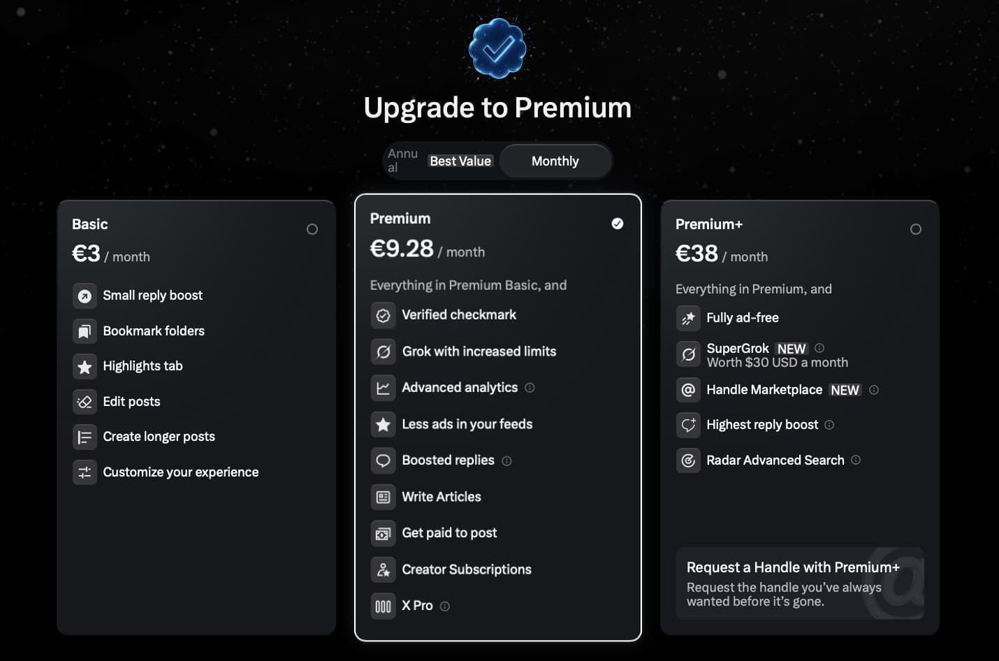 X Premium pricing