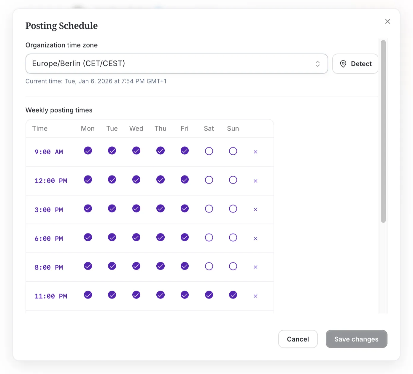 Weekly posting schedule with time slots per day