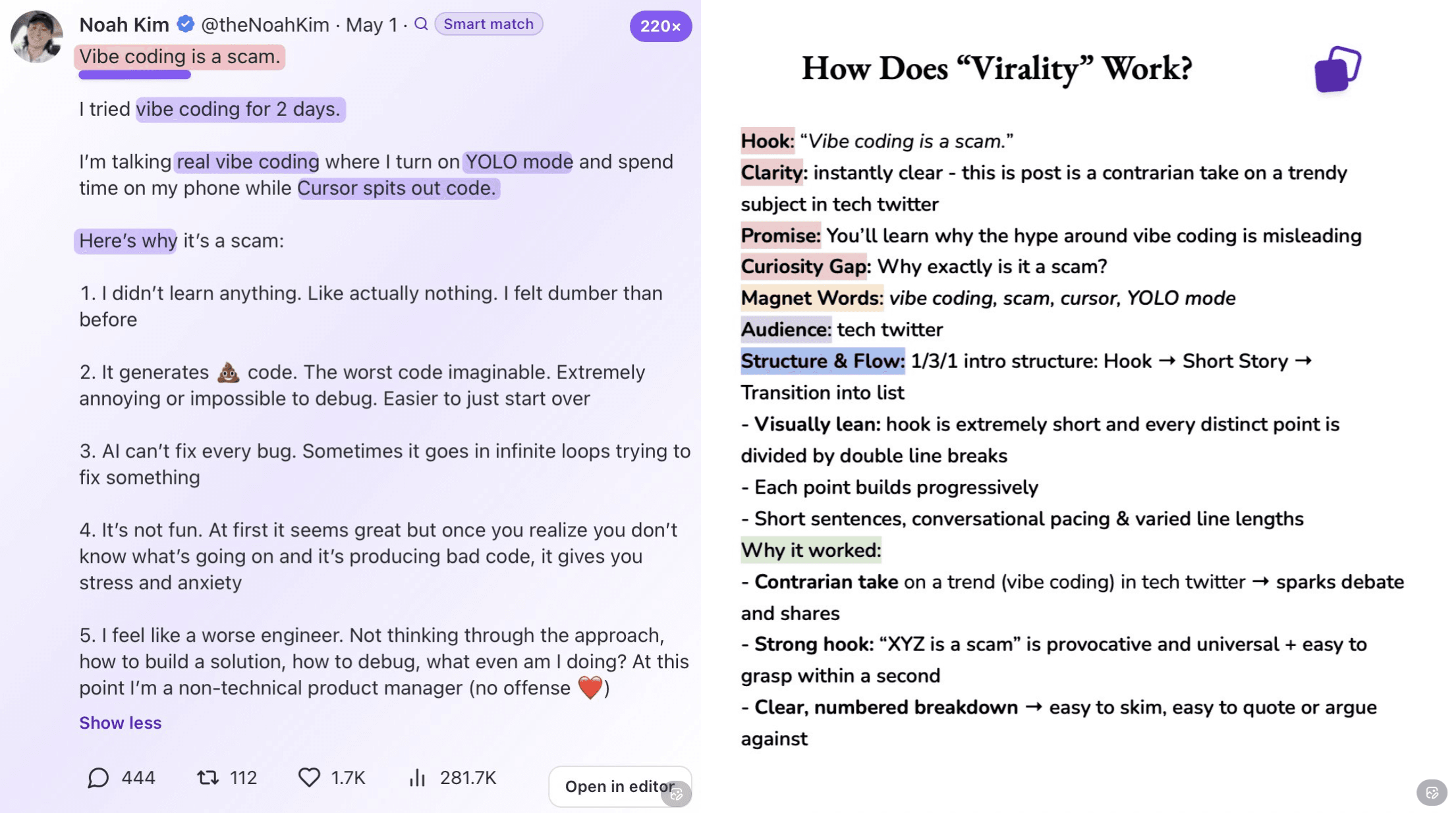Noah Kim's vibe coding tweet