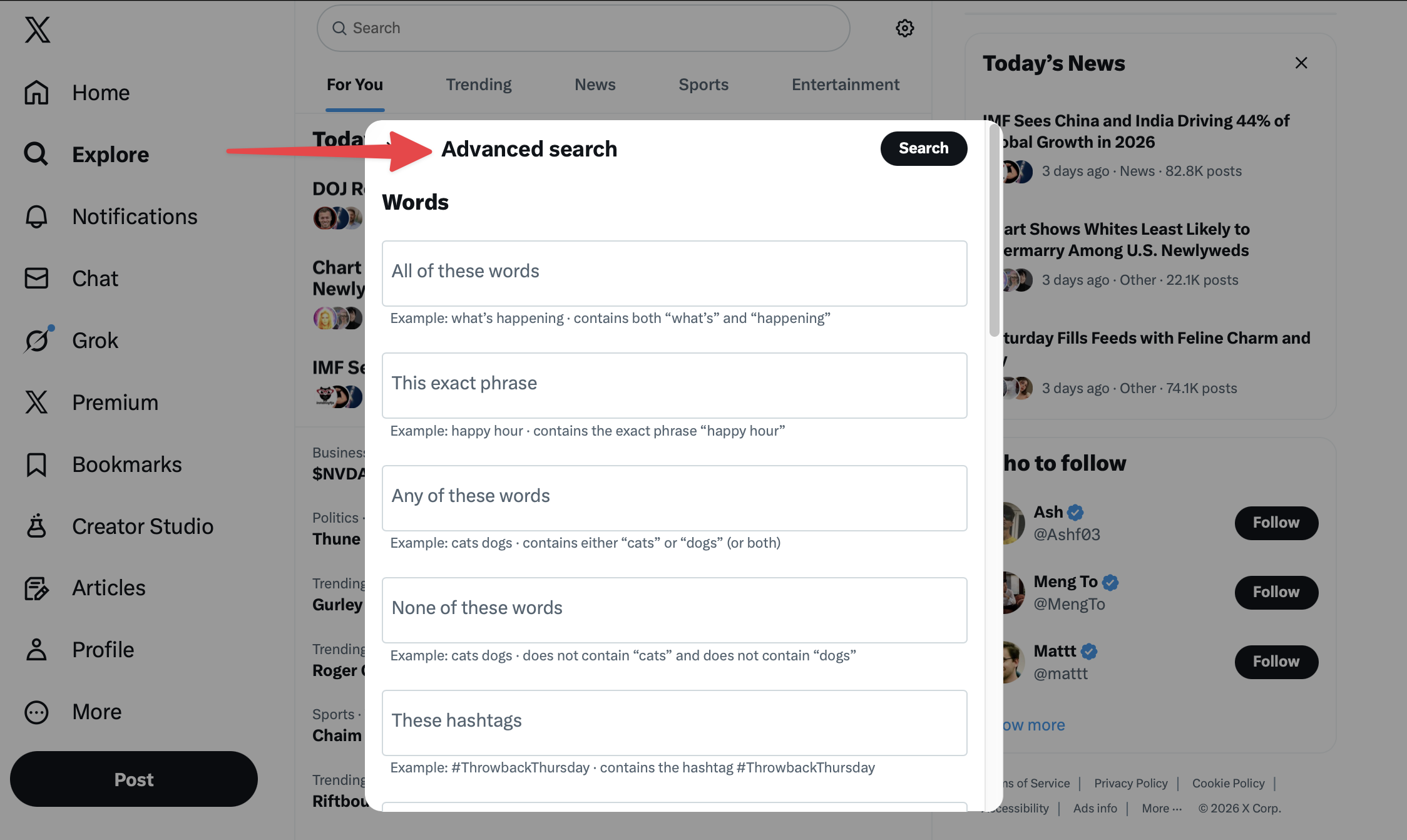 X advanced search modal on desktop