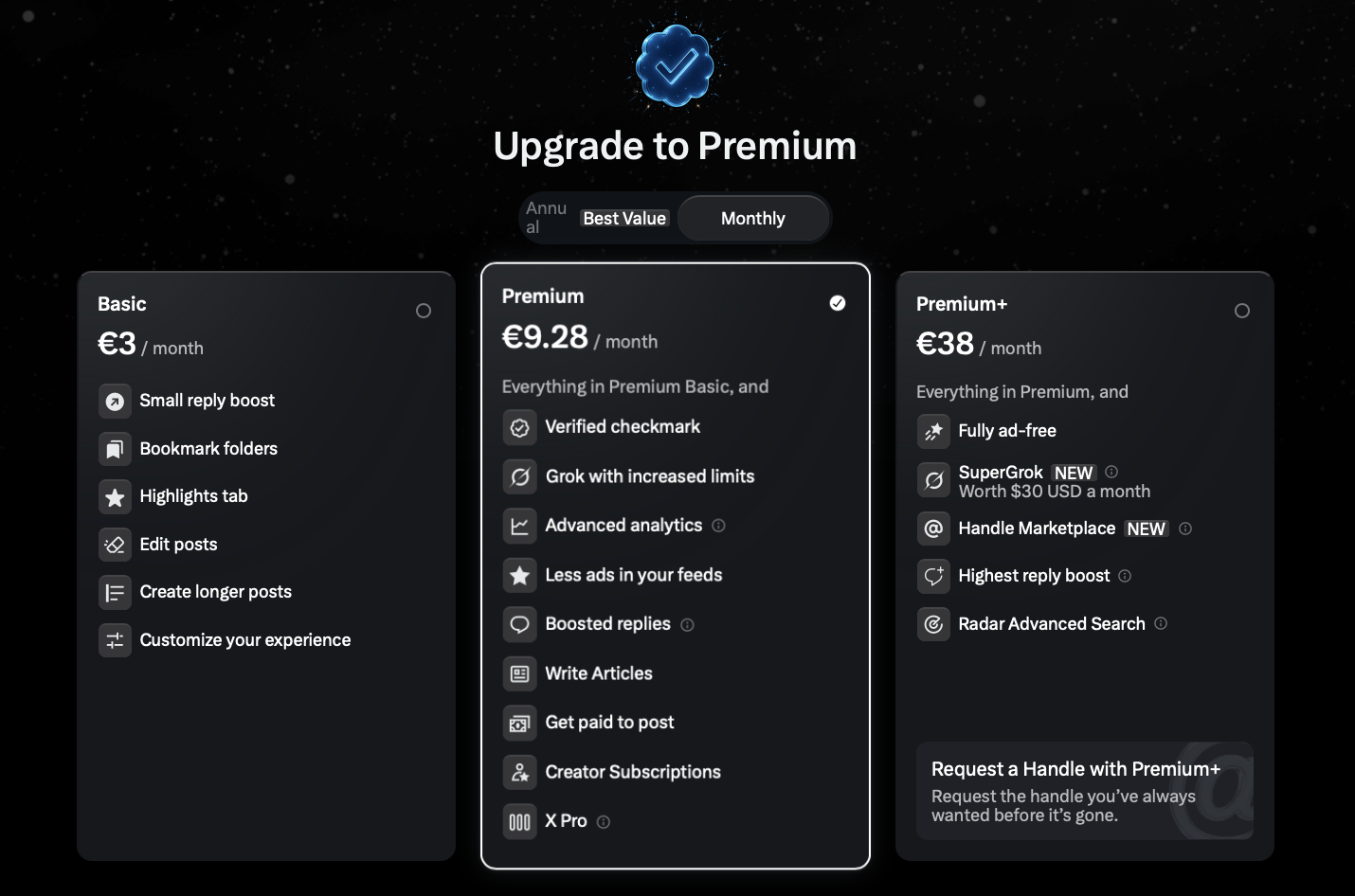 X Premium pricing tiers
